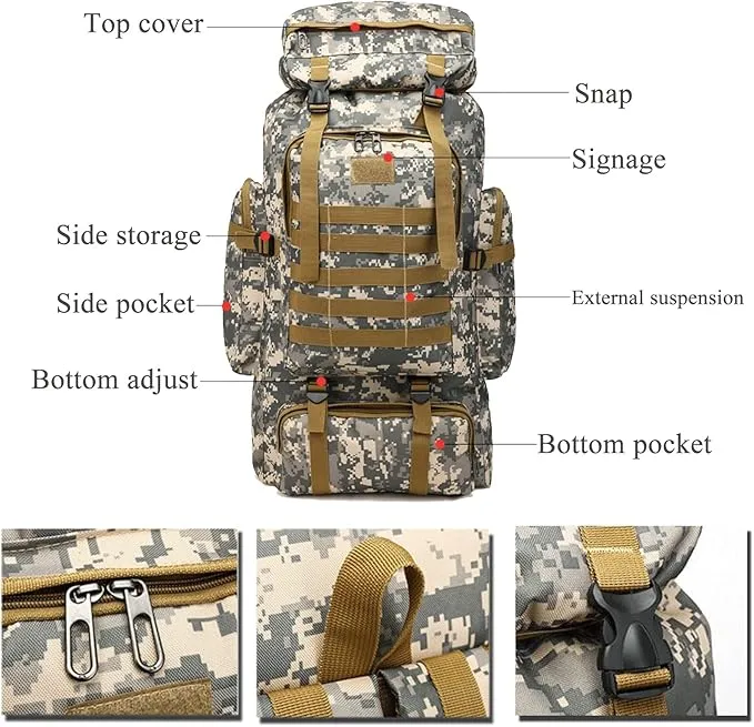70L Waterproof Hiking Daypack Large Hiking Backpack, Hunting Camping Rucksack Backpack for Men Outdoor Sports Backpack (Plateau Camouflage)