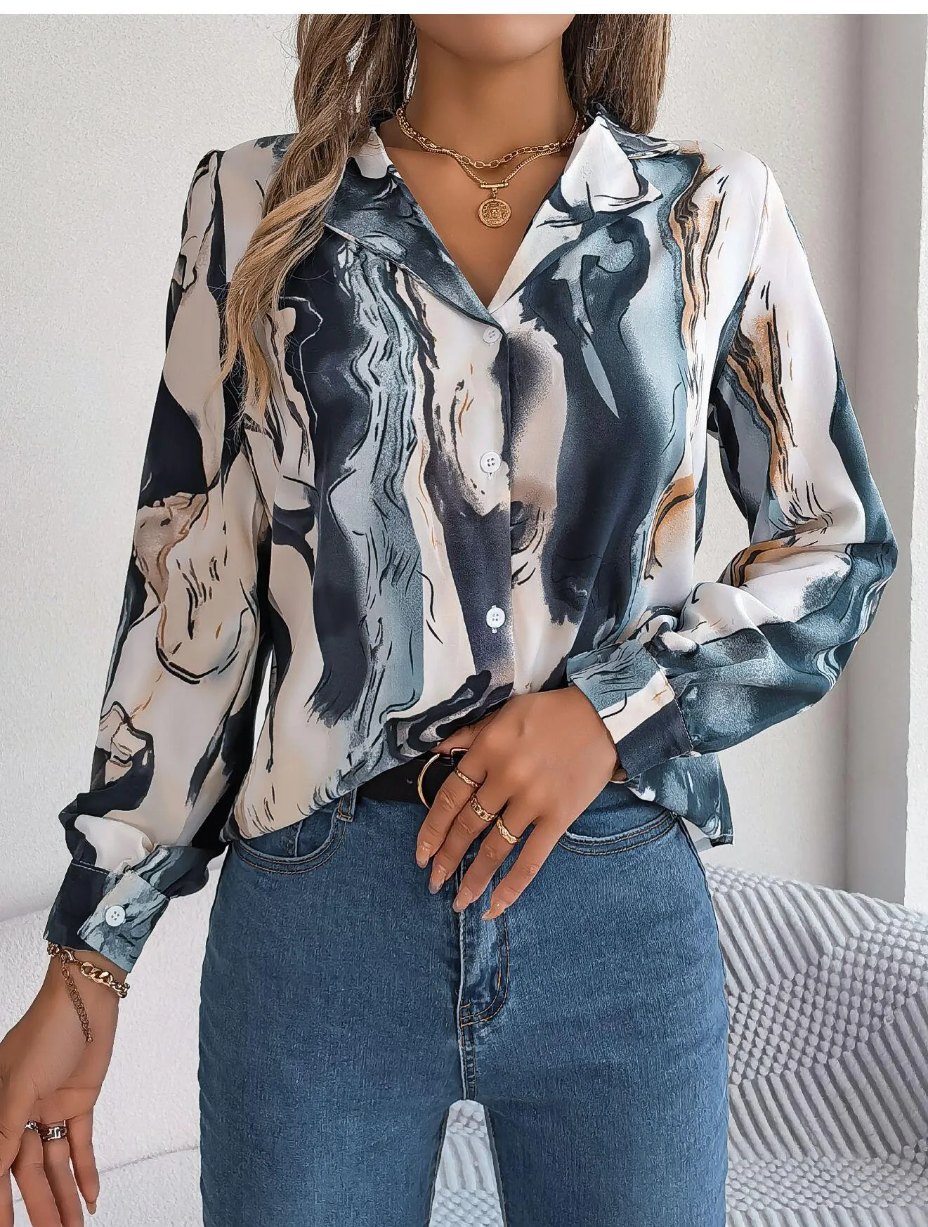 Abstract Print Button Down Shirt