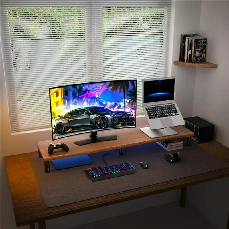 Aluminum Alloy Desktop Monitor Stand with Wooden Plate Riser
