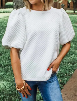 Available in Store: White Textured Top with Puffy Sleeve