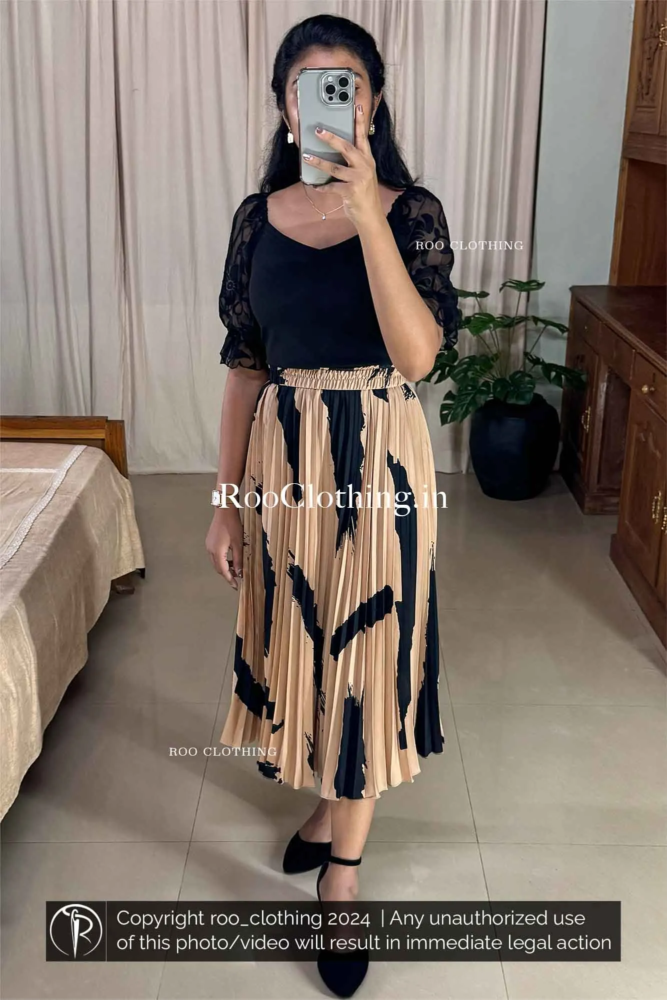 Beige Accordion Pleated Midi Skirt with Bold Abstract Black Print (Skirt Only)