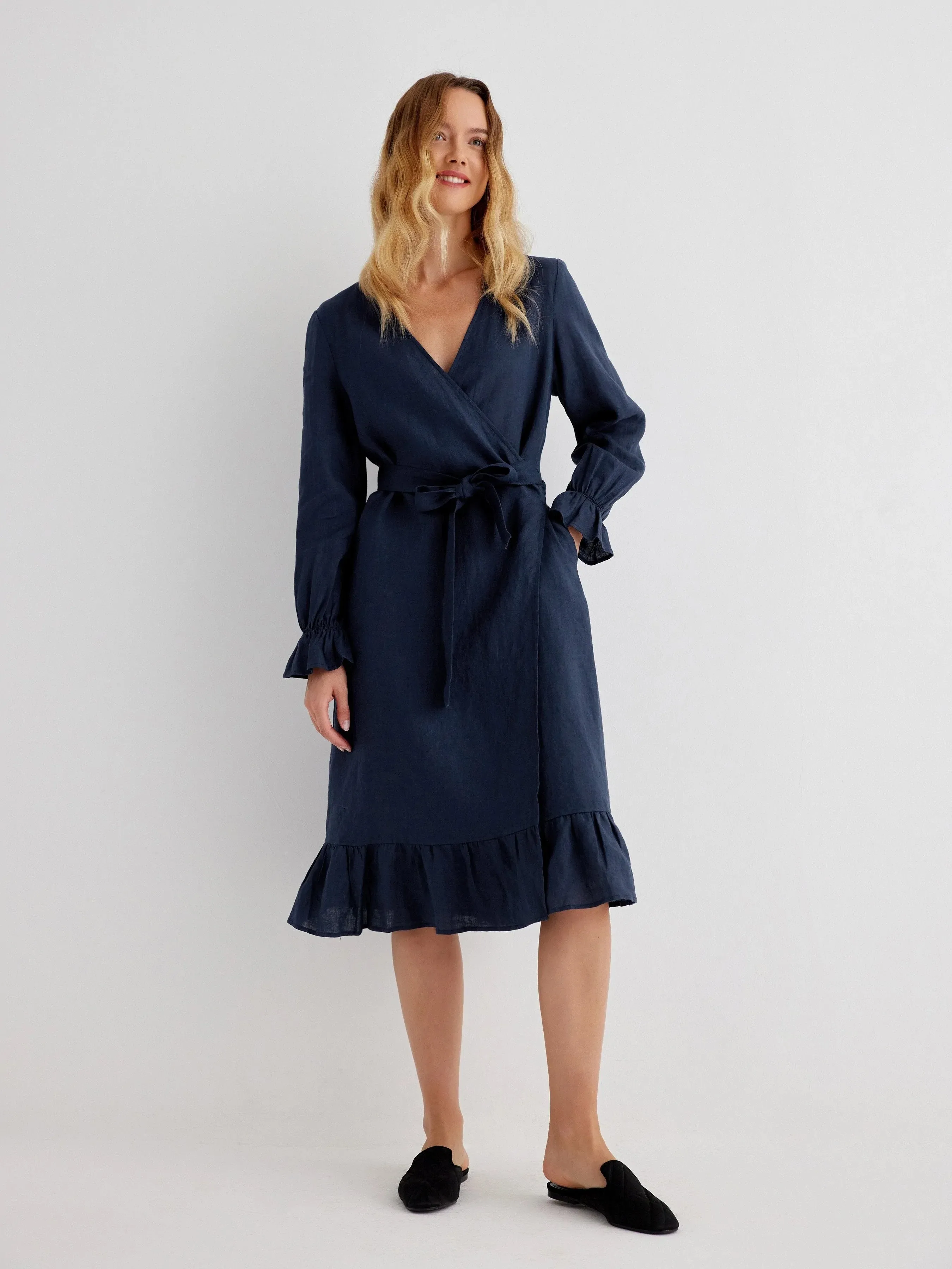 Brie 100% Linen Ruffle Trim Wrap Dress