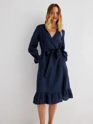 Brie 100% Linen Ruffle Trim Wrap Dress