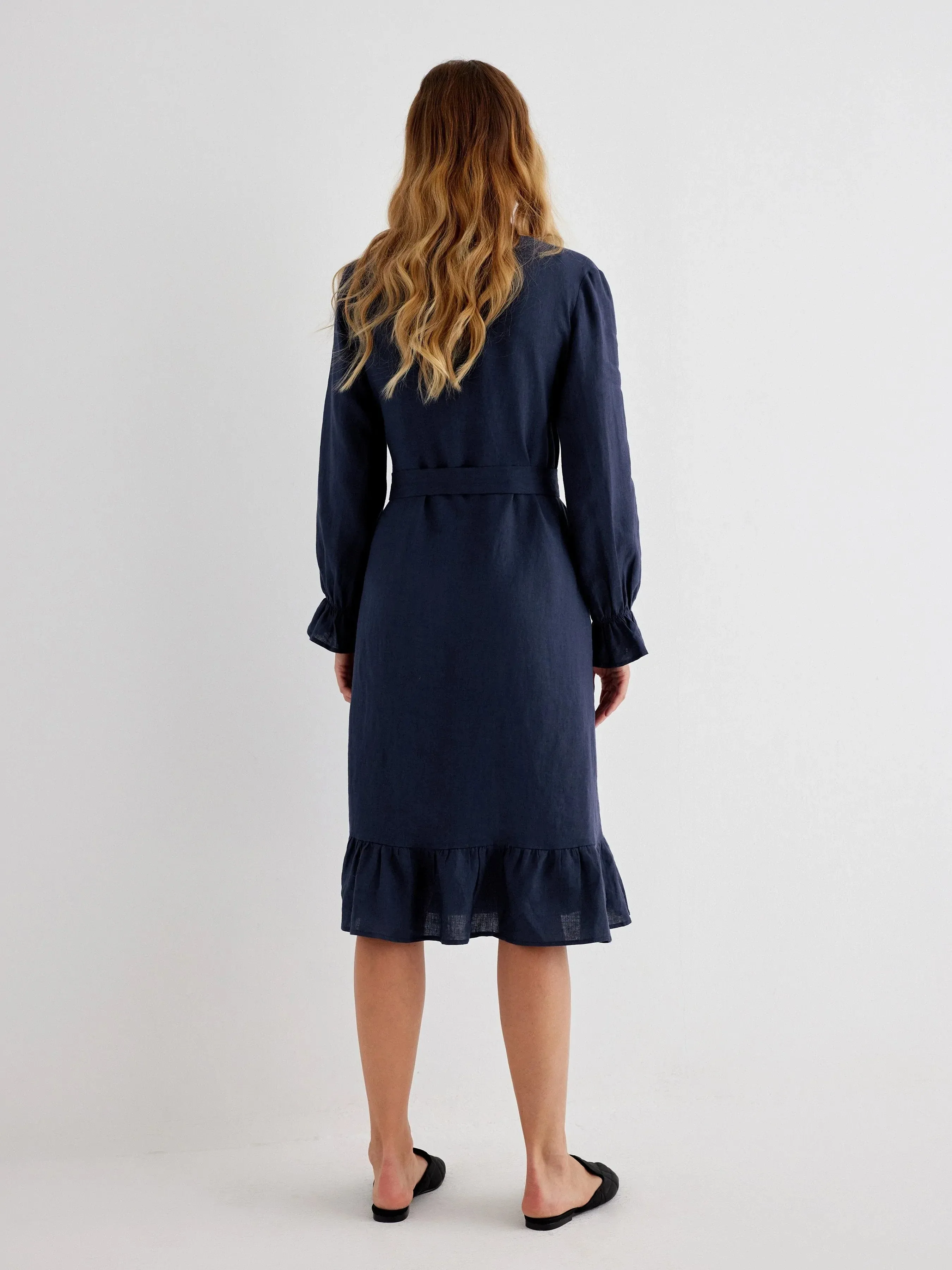 Brie 100% Linen Ruffle Trim Wrap Dress