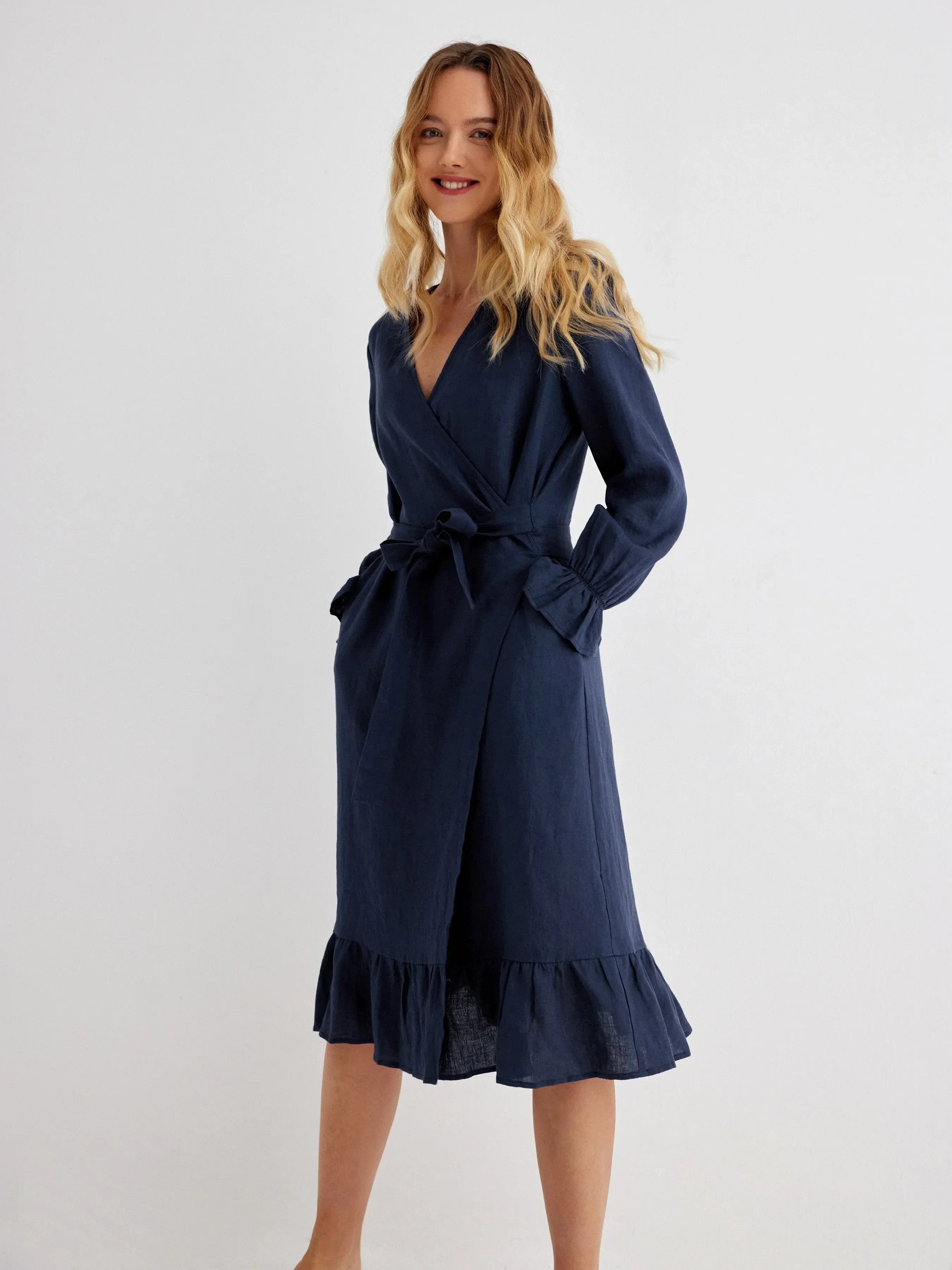 Brie 100% Linen Ruffle Trim Wrap Dress