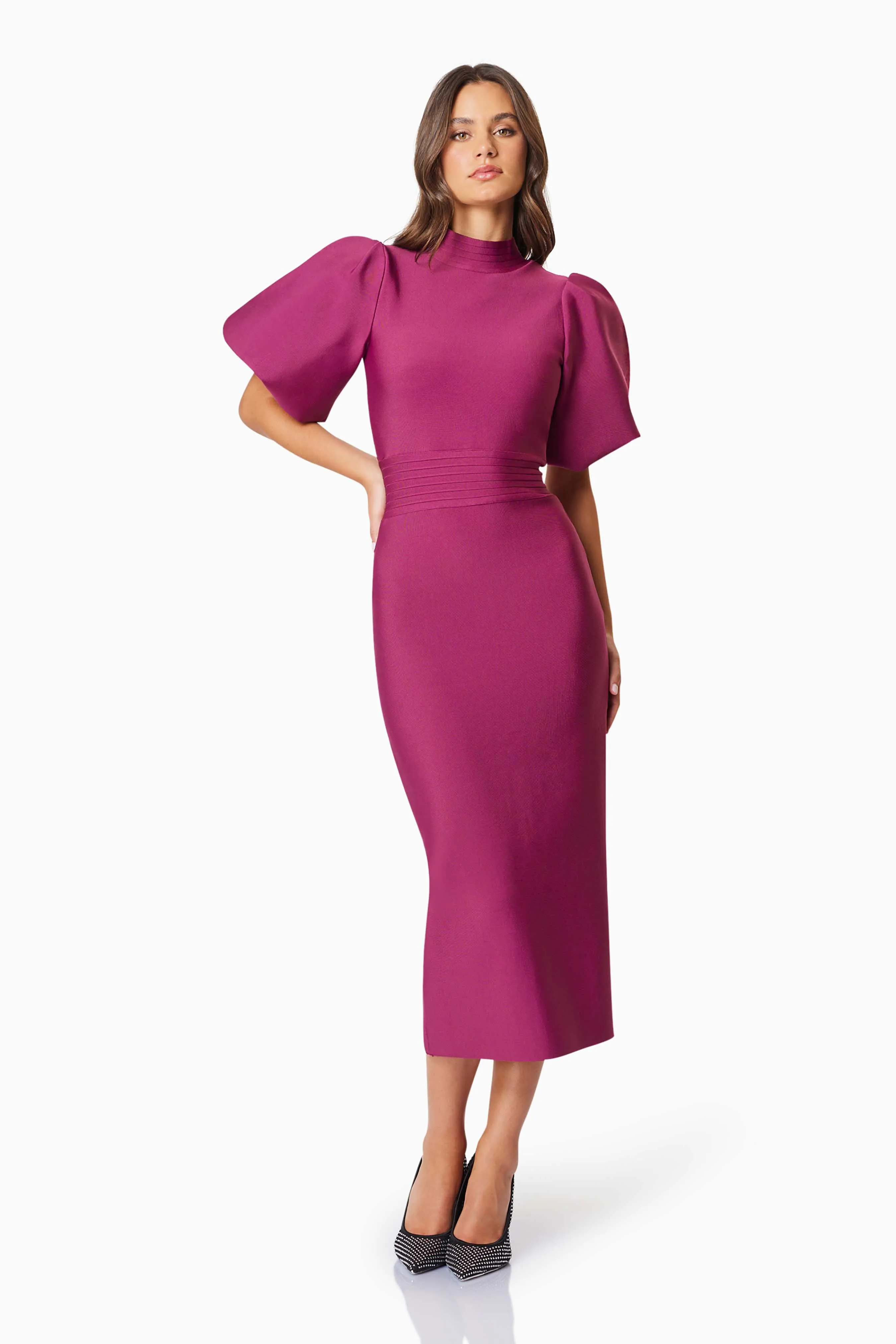 Ella Puff Sleeve Midi Dress In Red