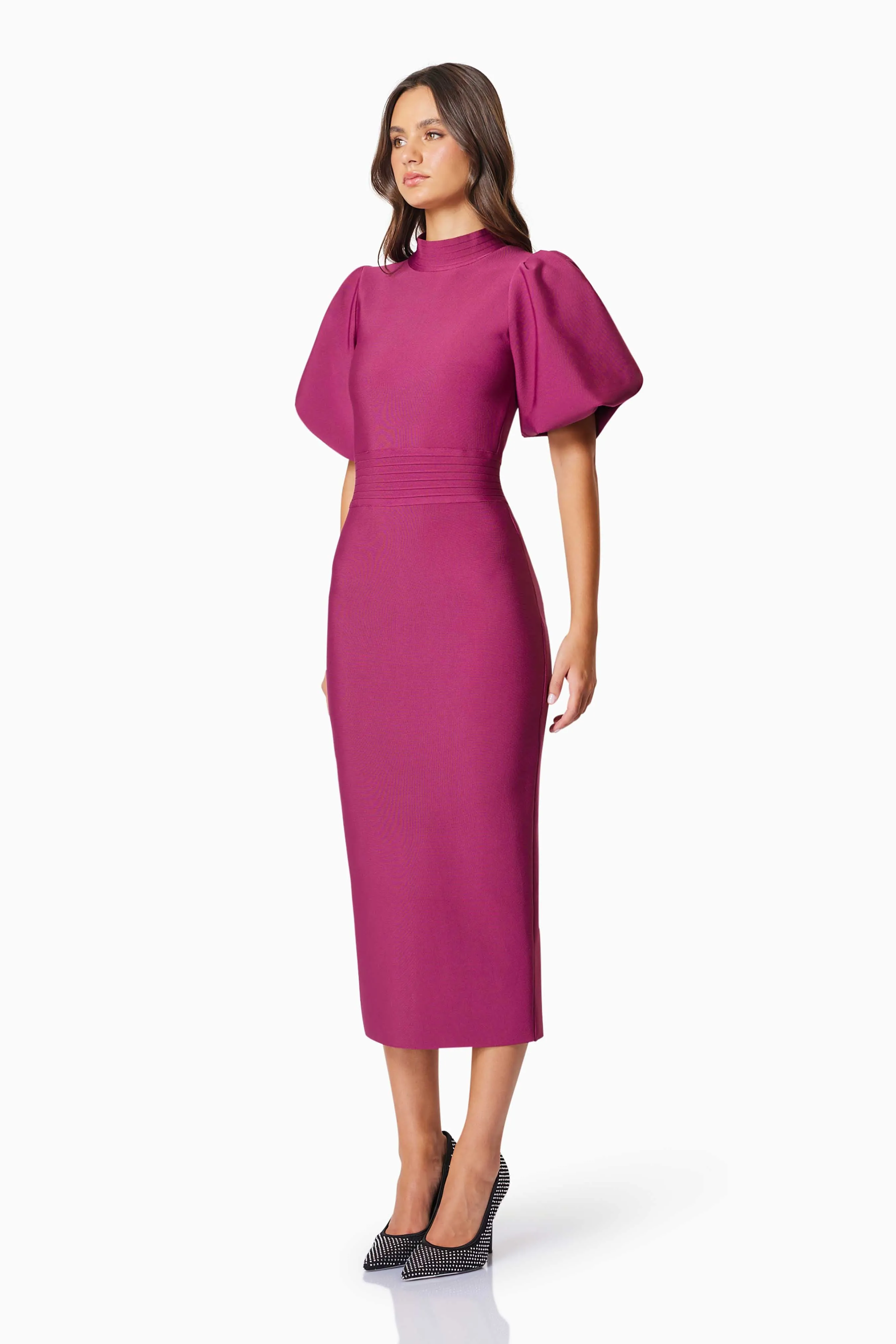 Ella Puff Sleeve Midi Dress In Red
