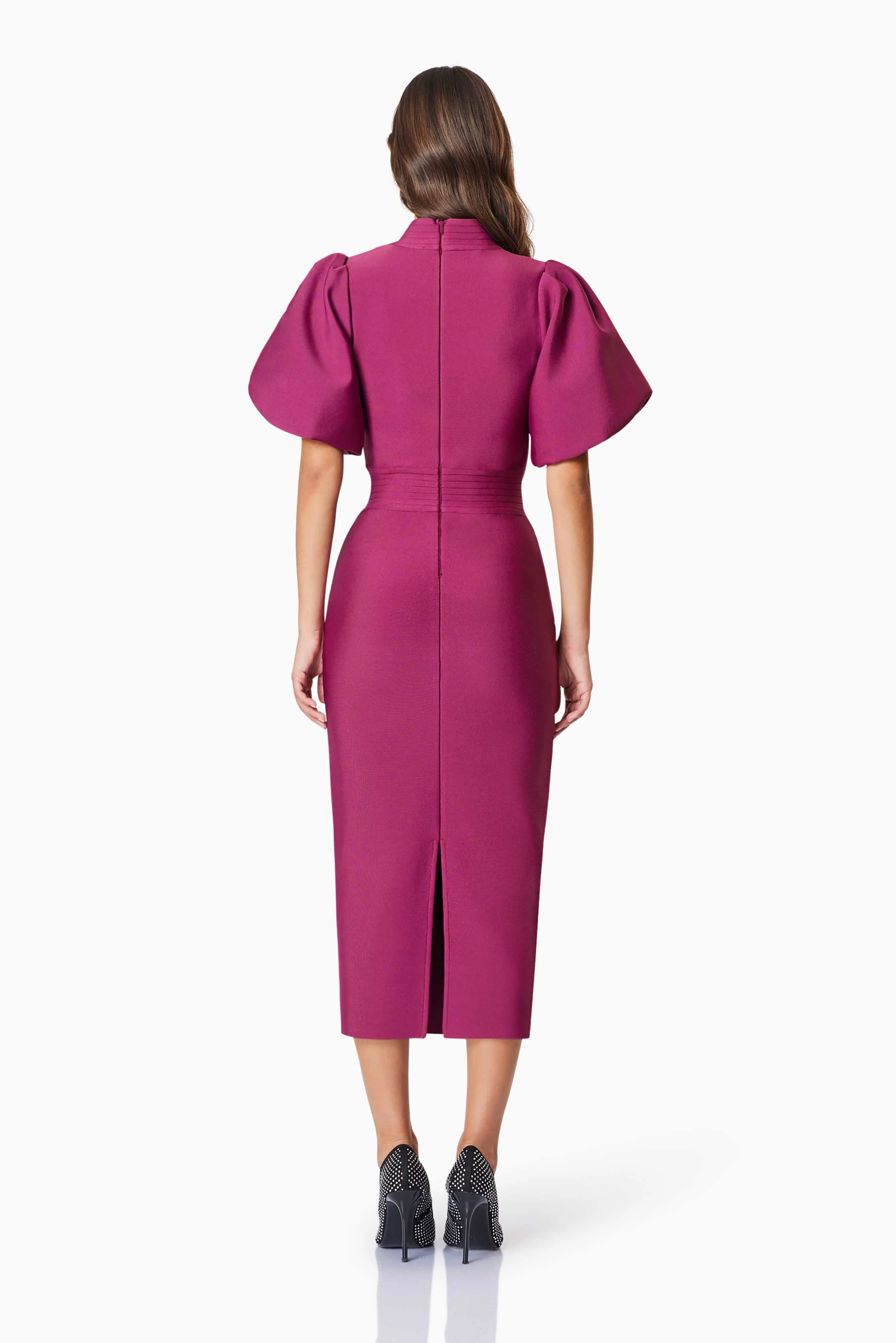 Ella Puff Sleeve Midi Dress In Red