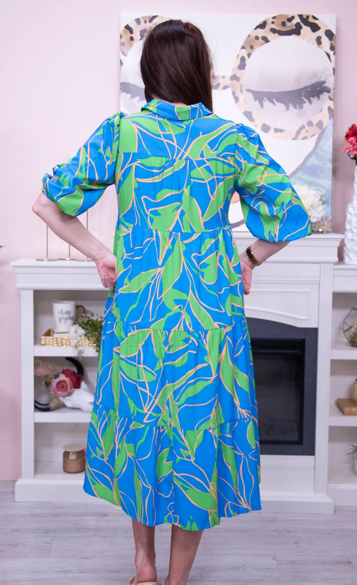 Fashionably Late Blue Tiered Printed Collared Neck Midi Dress