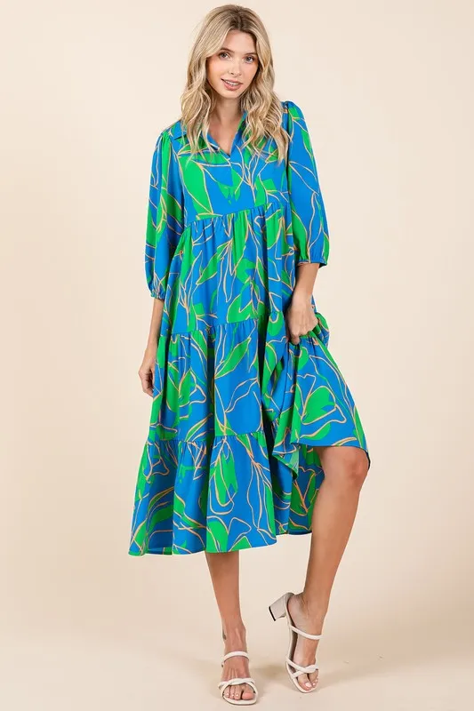 Fashionably Late Blue Tiered Printed Collared Neck Midi Dress