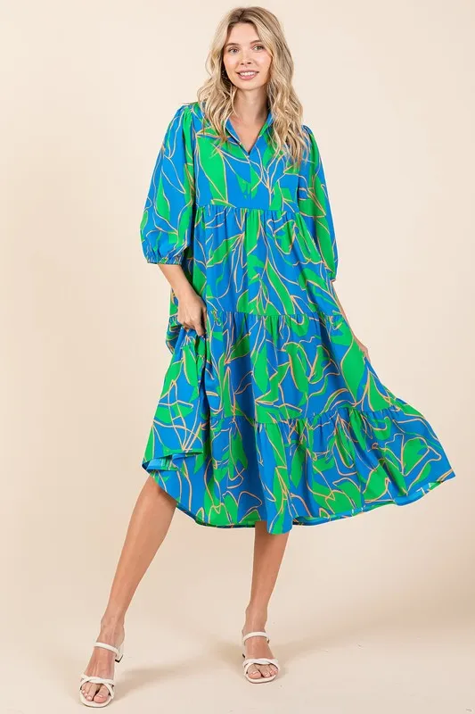 Fashionably Late Blue Tiered Printed Collared Neck Midi Dress