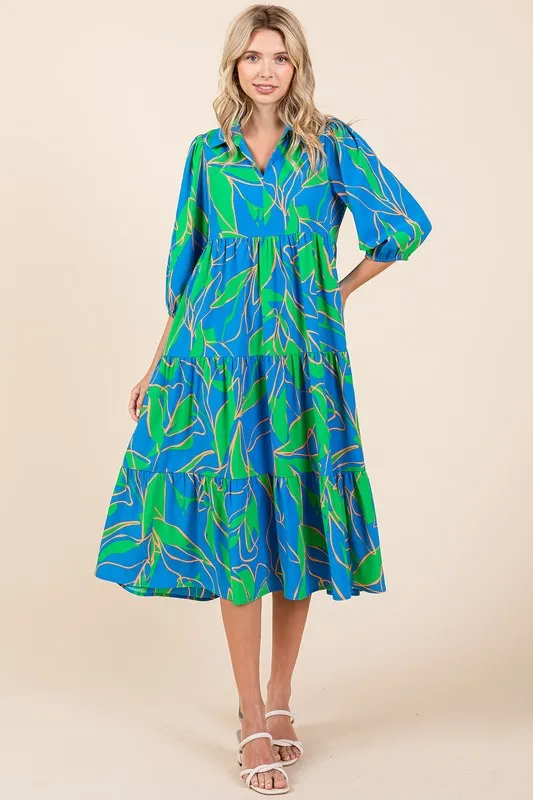 Fashionably Late Blue Tiered Printed Collared Neck Midi Dress