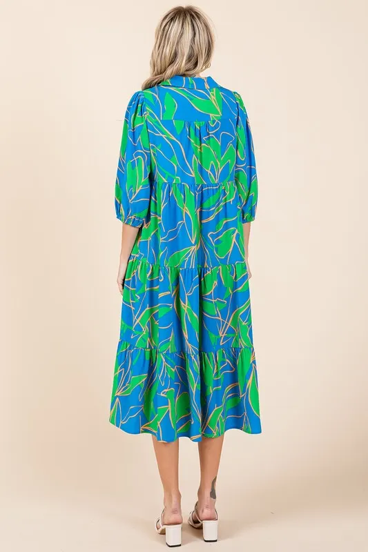 Fashionably Late Blue Tiered Printed Collared Neck Midi Dress