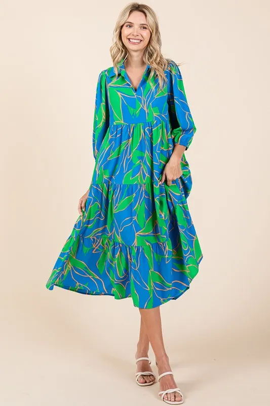 Fashionably Late Blue Tiered Printed Collared Neck Midi Dress