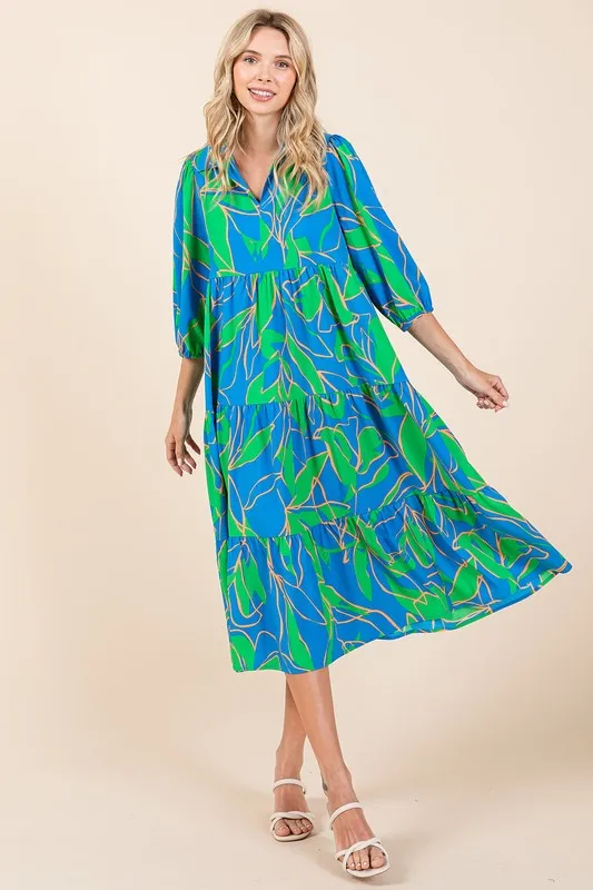 Fashionably Late Blue Tiered Printed Collared Neck Midi Dress