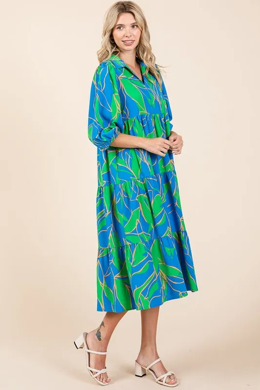 Fashionably Late Blue Tiered Printed Collared Neck Midi Dress