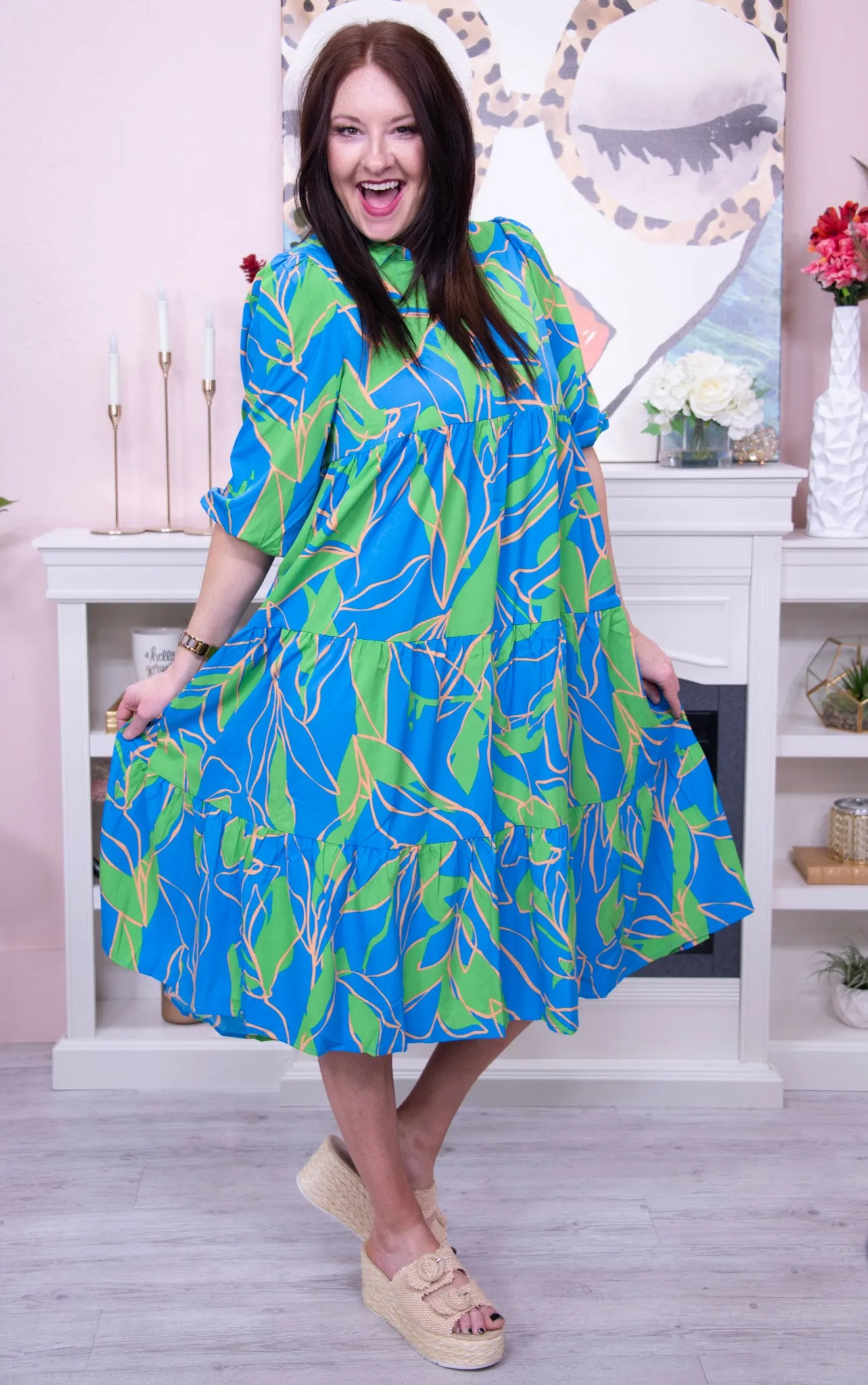 Fashionably Late Blue Tiered Printed Collared Neck Midi Dress