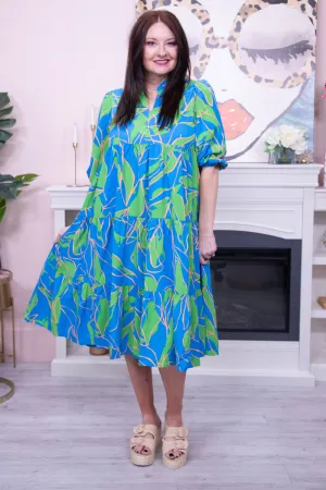 Fashionably Late Blue Tiered Printed Collared Neck Midi Dress