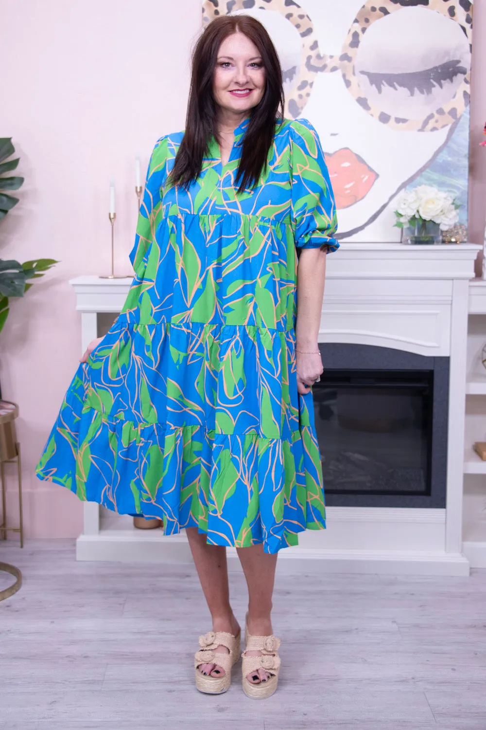 Fashionably Late Blue Tiered Printed Collared Neck Midi Dress