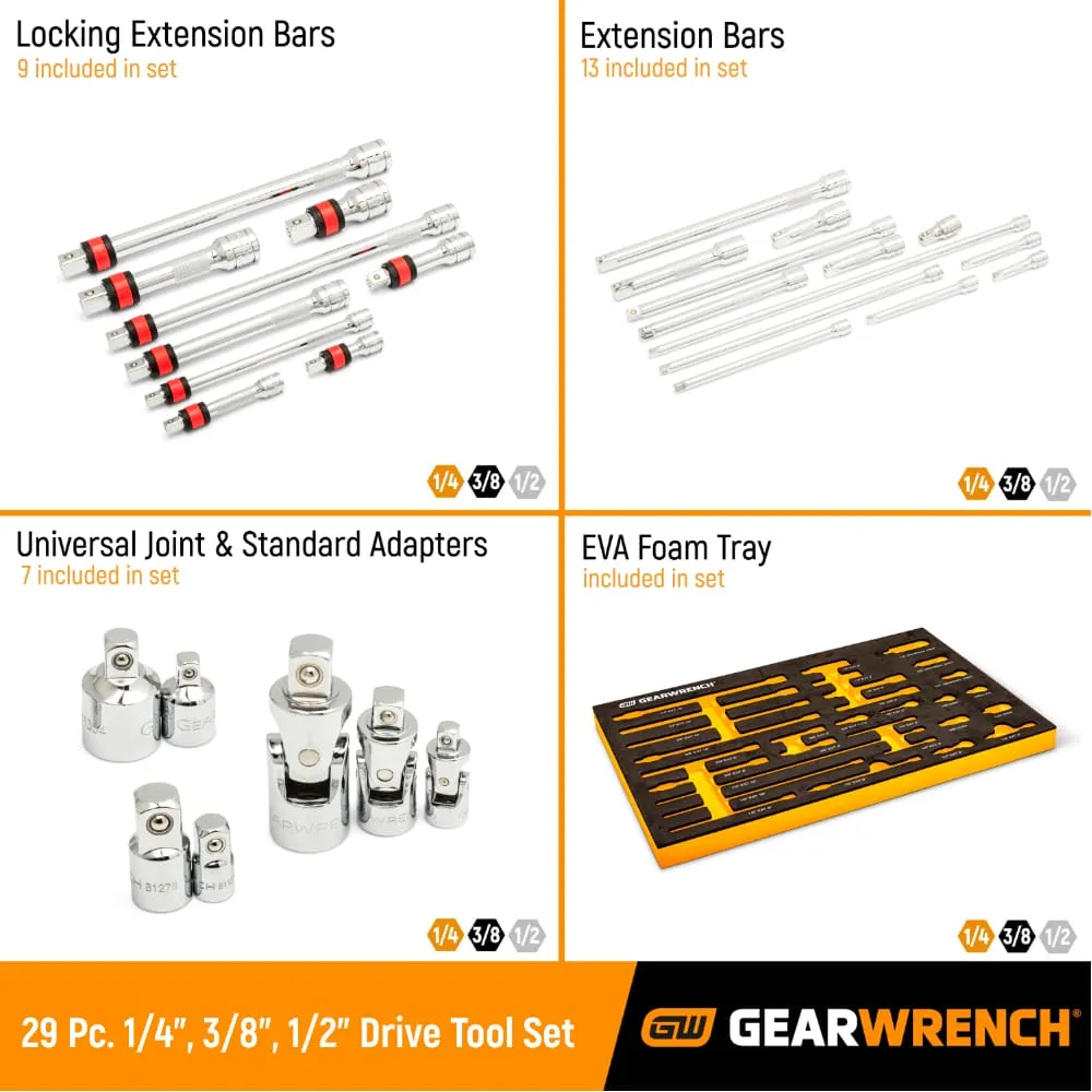 GearWrench 86523 29 Pc. 1/4", 3/8", 1/2" Drive Chrome Tool Accessories Set with EVA Foam Tray