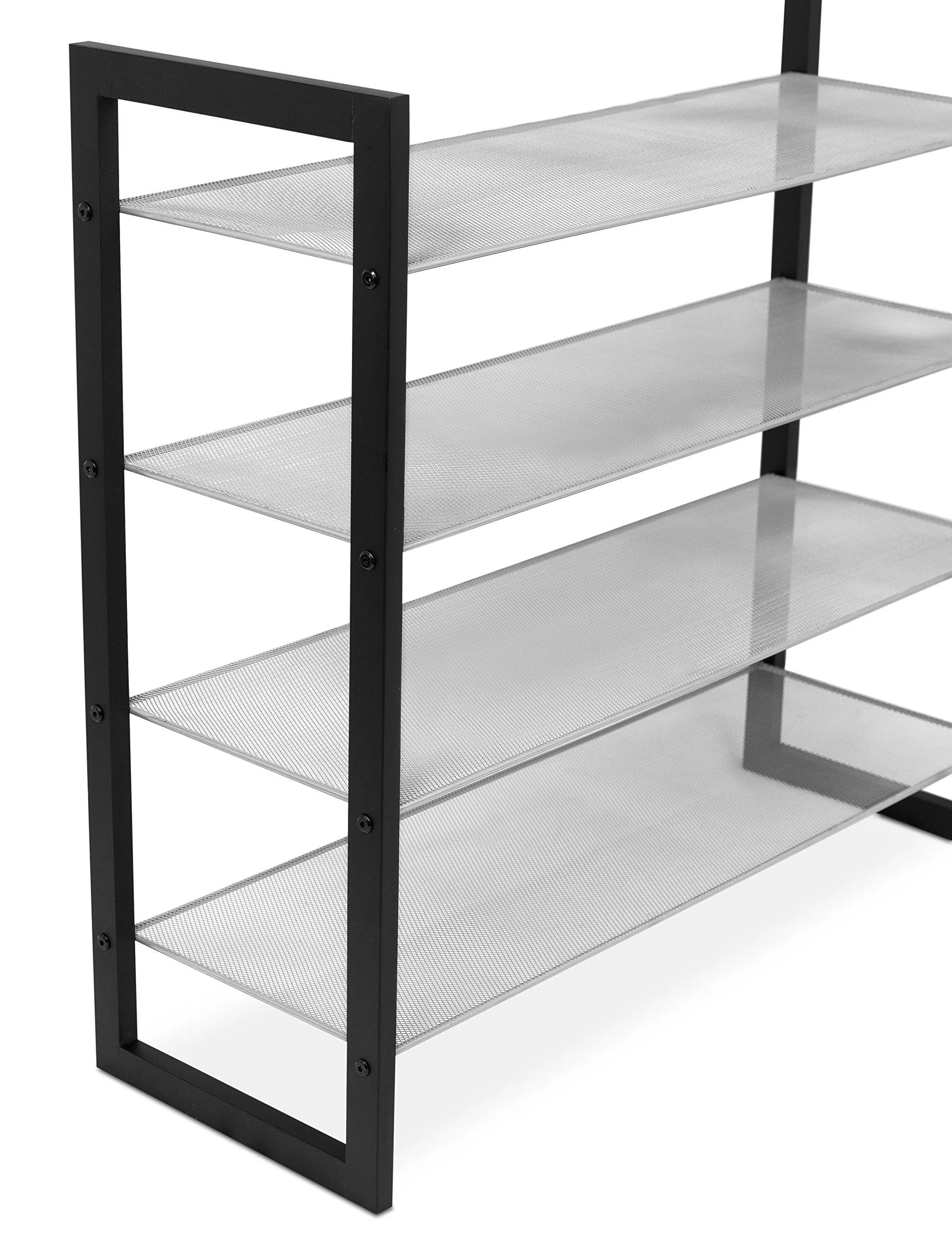 Internet's Best Mesh Shoe Rack - 4-Tier - Free Standing Metal Wood Shoe Organizer - Closet and Entryway - Fits 16 Pairs of Shoes - Black & Silver