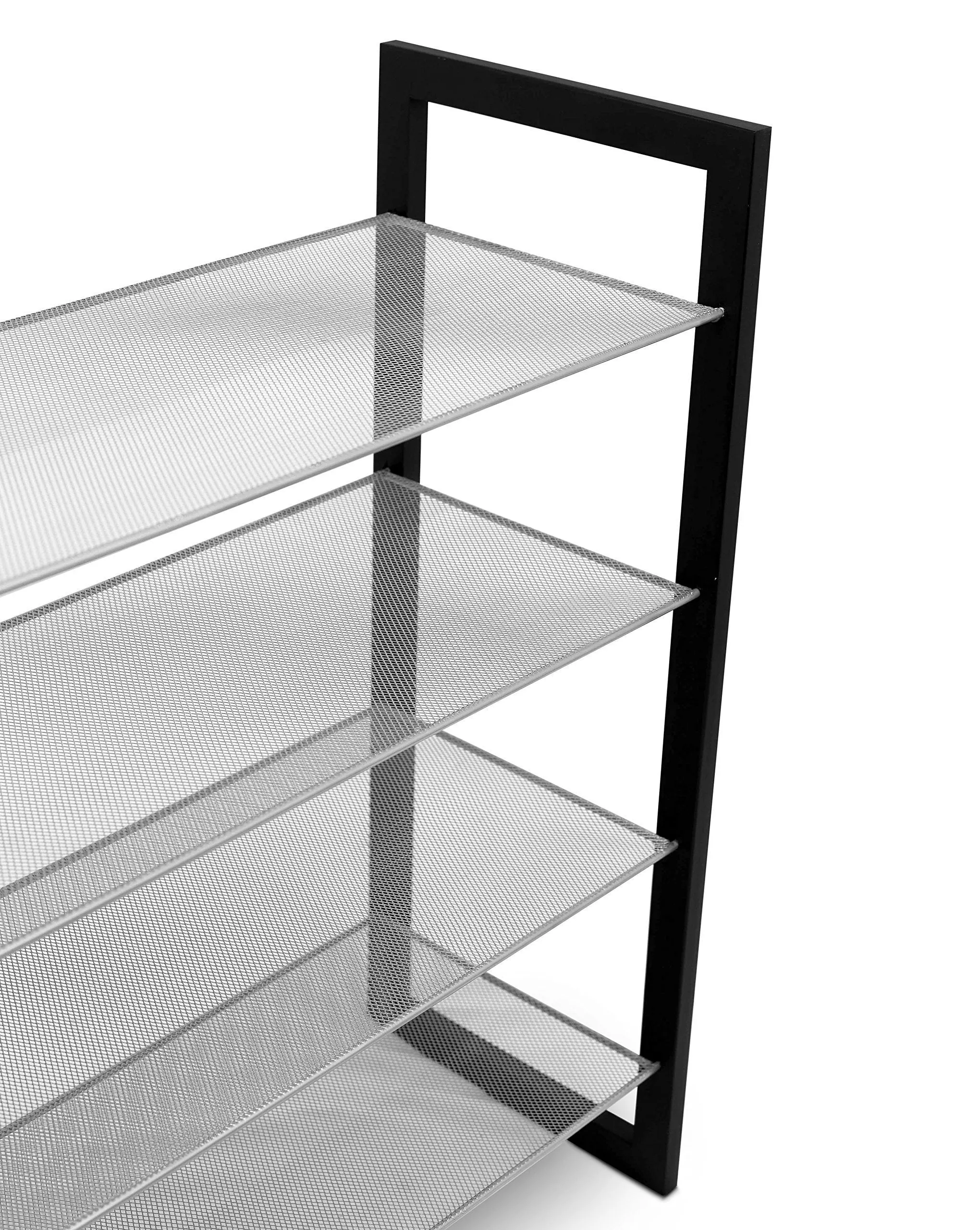 Internet's Best Mesh Shoe Rack - 4-Tier - Free Standing Metal Wood Shoe Organizer - Closet and Entryway - Fits 16 Pairs of Shoes - Black & Silver