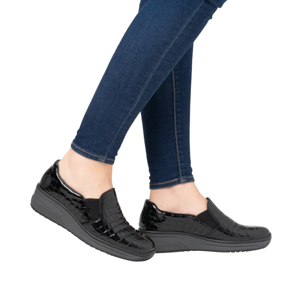 Ladies Rieker Black Patent Shoe Wedge Heel Slip-on 48752-00 sale