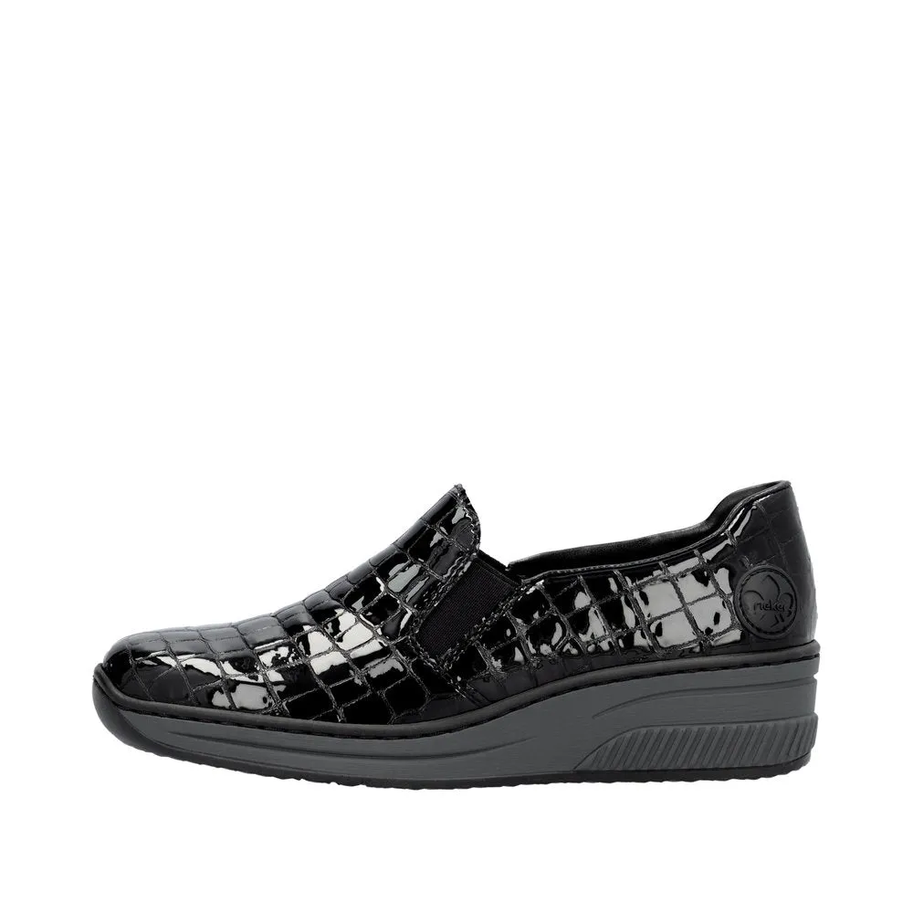 Ladies Rieker Black Patent Shoe Wedge Heel Slip-on 48752-00 sale