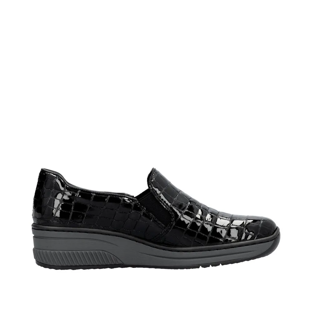 Ladies Rieker Black Patent Shoe Wedge Heel Slip-on 48752-00 sale