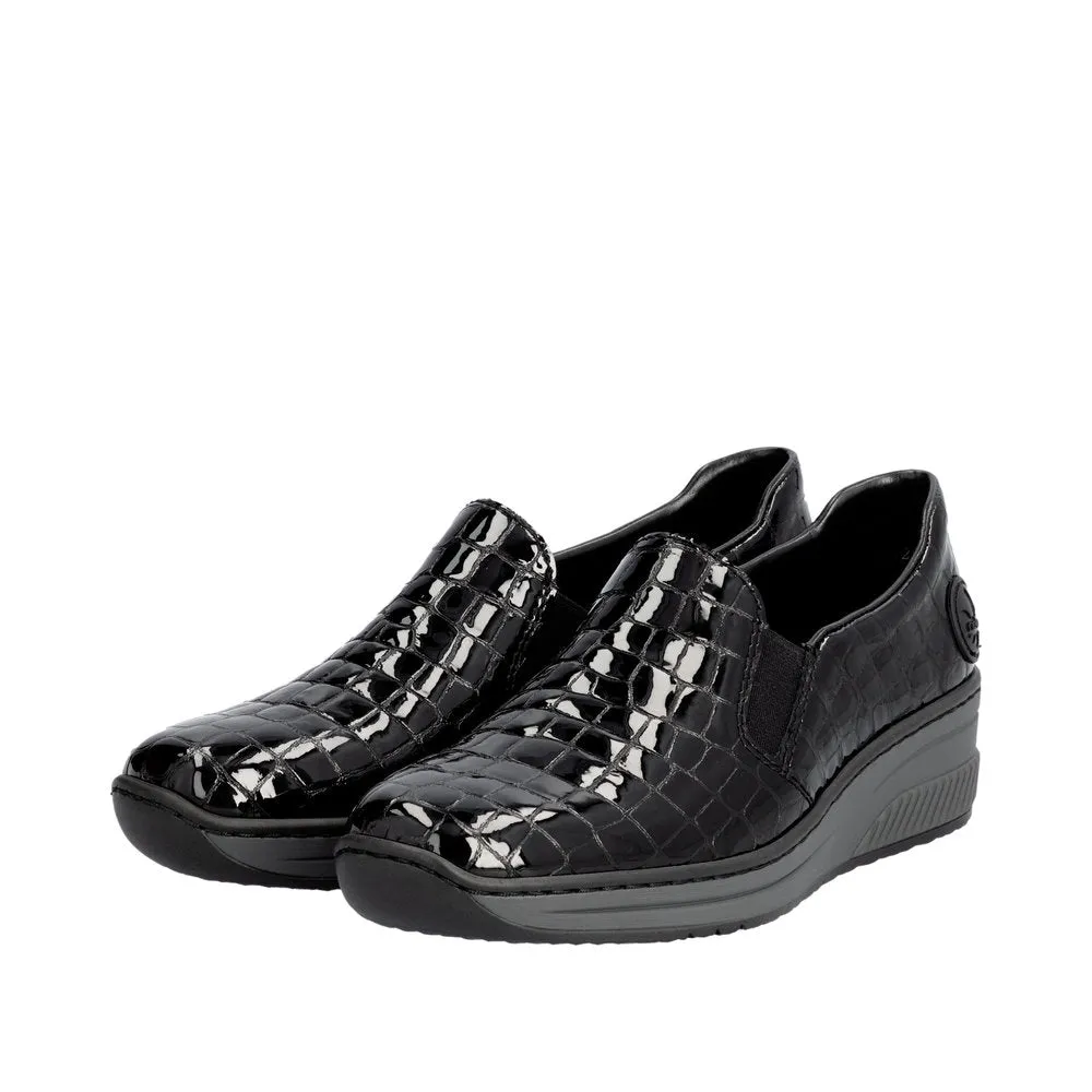Ladies Rieker Black Patent Shoe Wedge Heel Slip-on 48752-00 sale