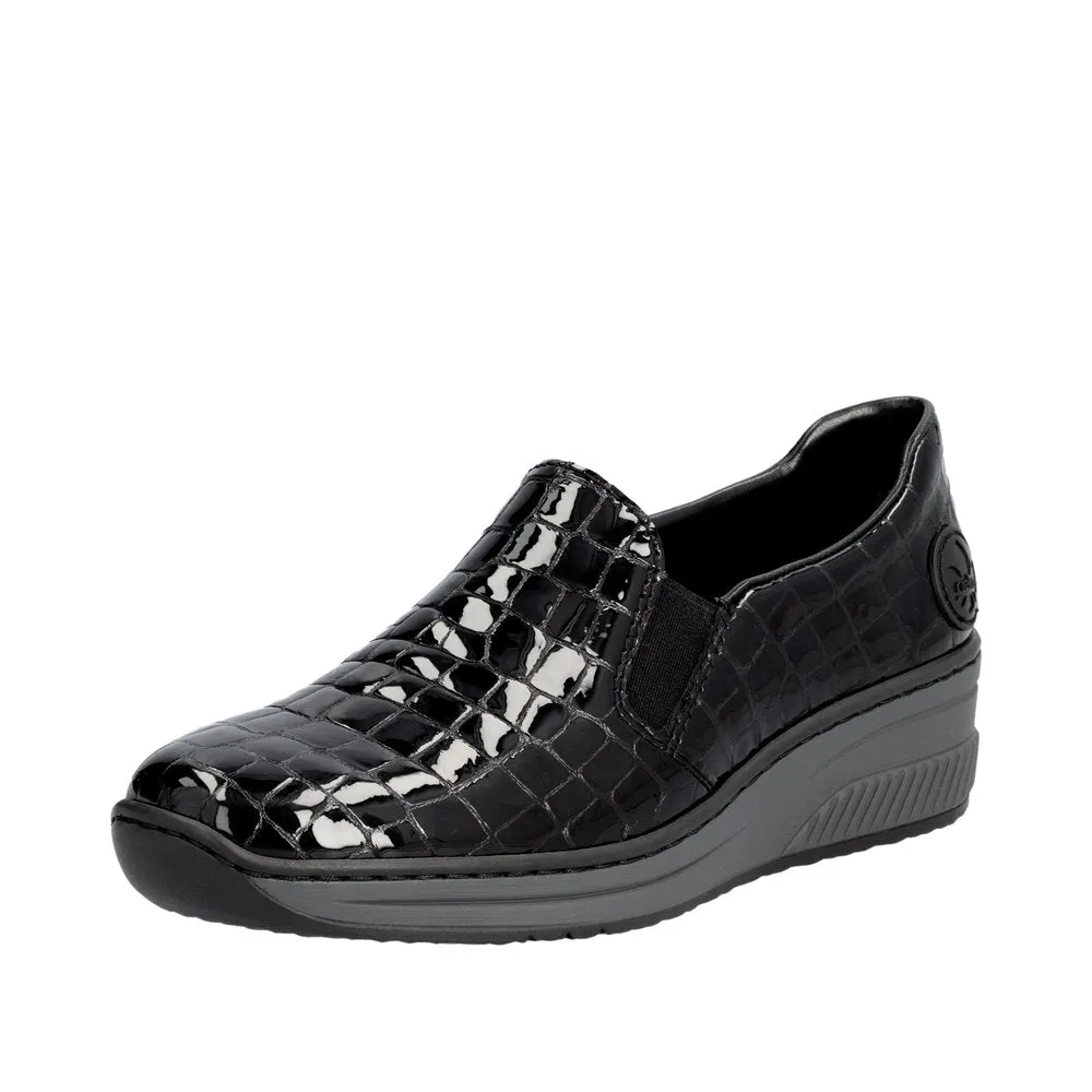 Ladies Rieker Black Patent Shoe Wedge Heel Slip-on 48752-00 sale