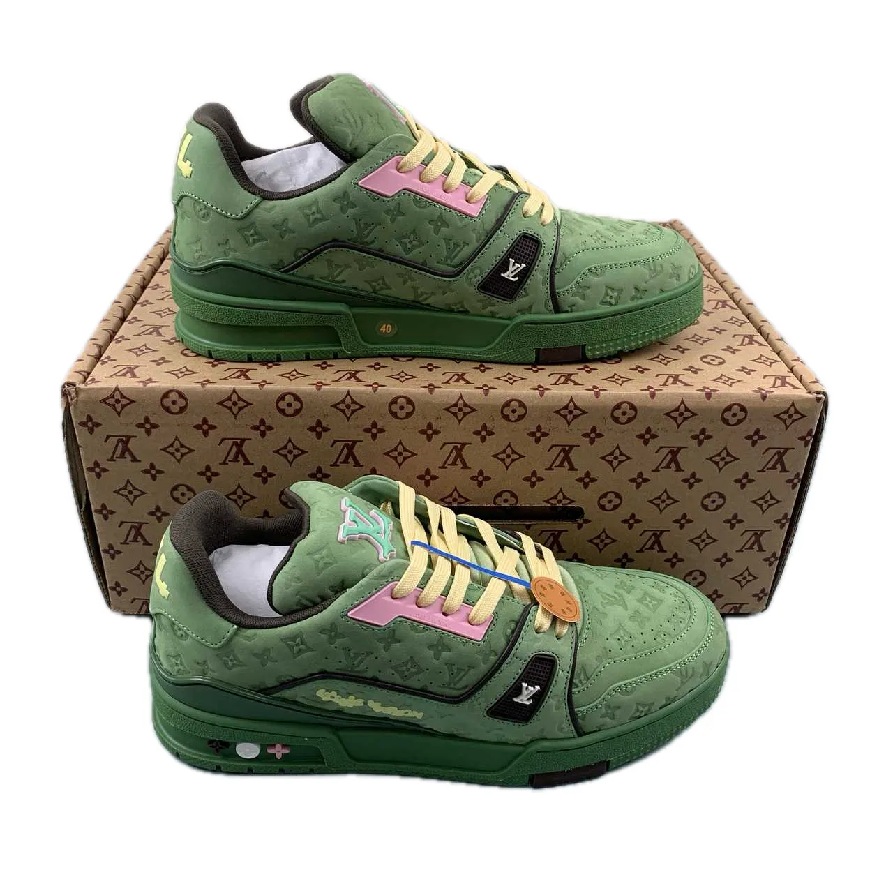 LV Trainers Monogram Embossed Nubuck Calf Leather Green Sneaker