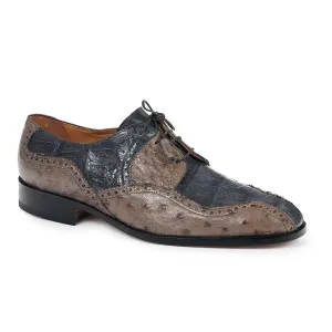 Mauri Designer Shoes Exotic Skin Men's Pruno Grey & Pepper Baby Croc & Ostrich Oxfords 4866(MA4807)
