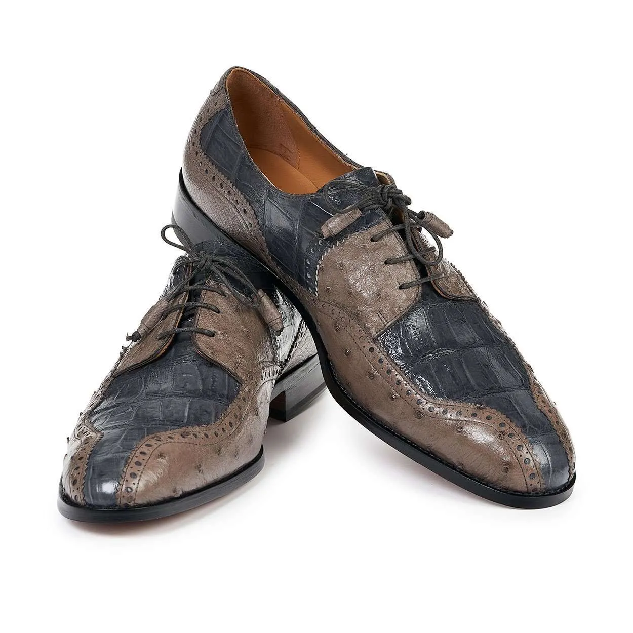 Mauri Designer Shoes Exotic Skin Men's Pruno Grey & Pepper Baby Croc & Ostrich Oxfords 4866(MA4807)