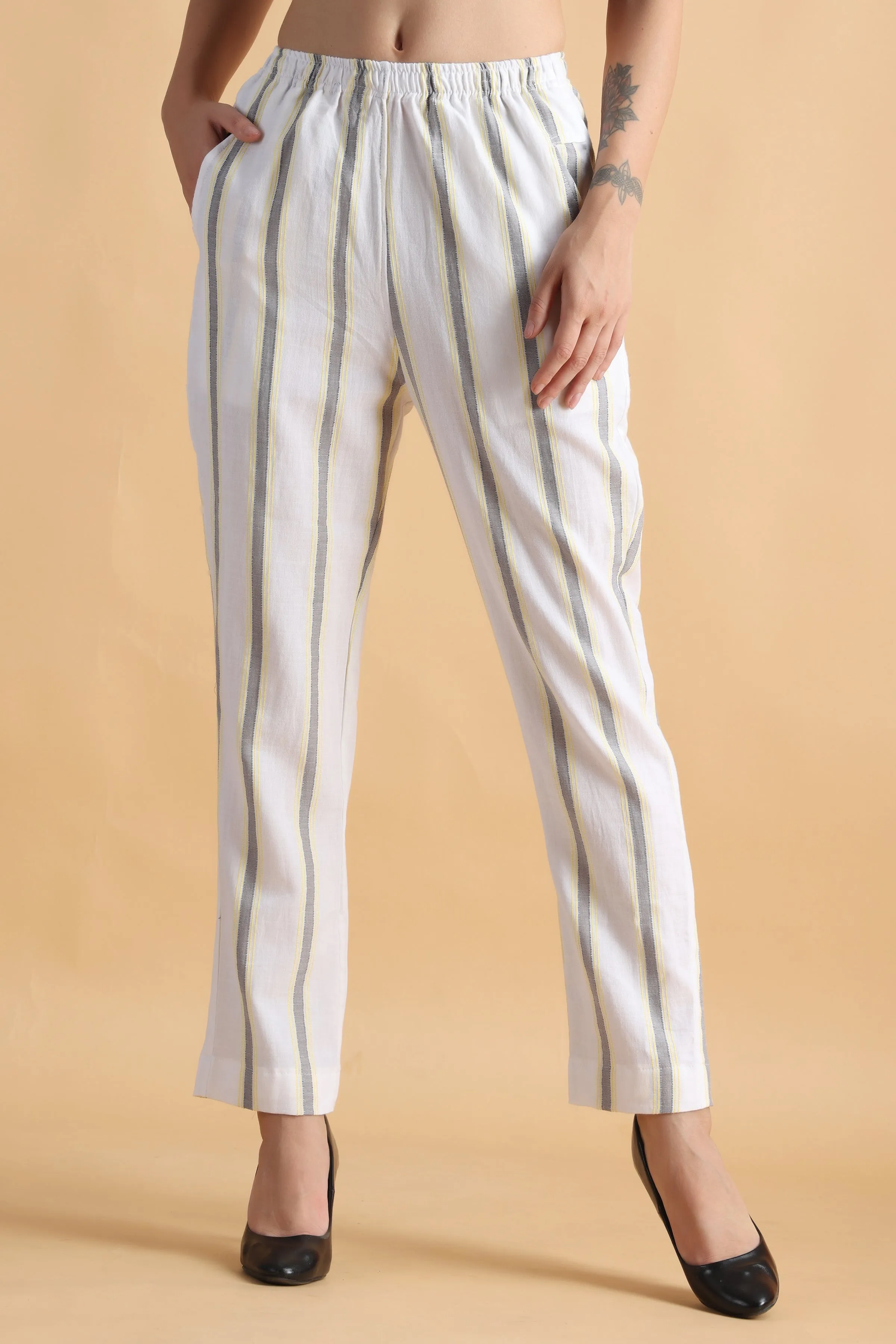Pristine White Striped Cotton Pants