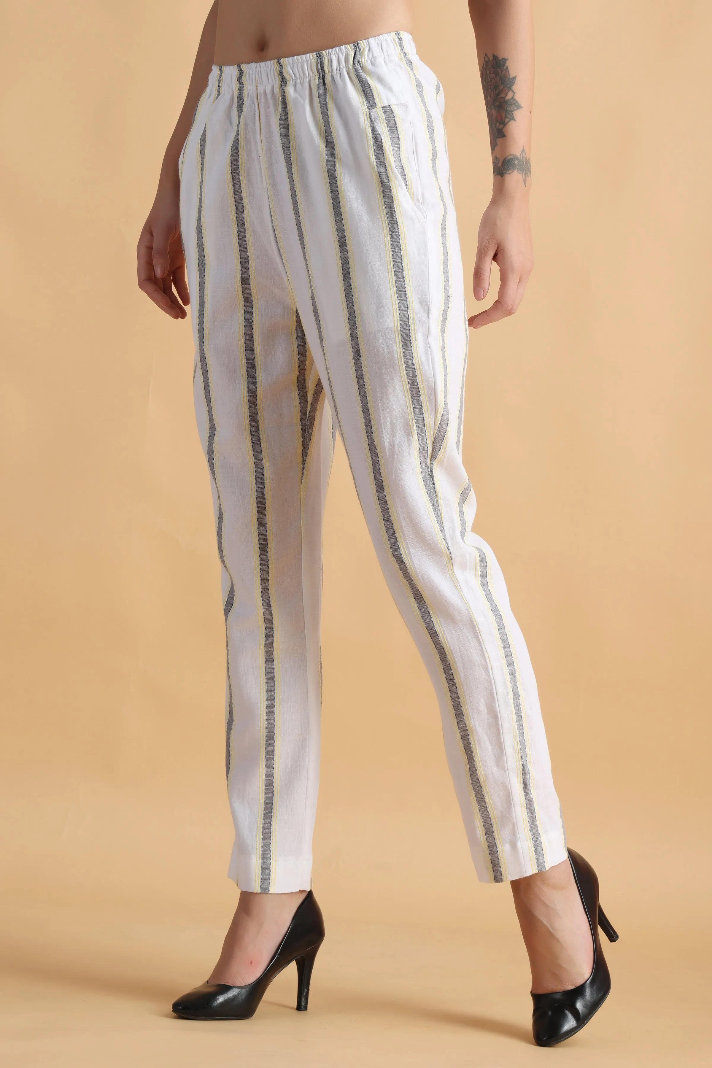 Pristine White Striped Cotton Pants