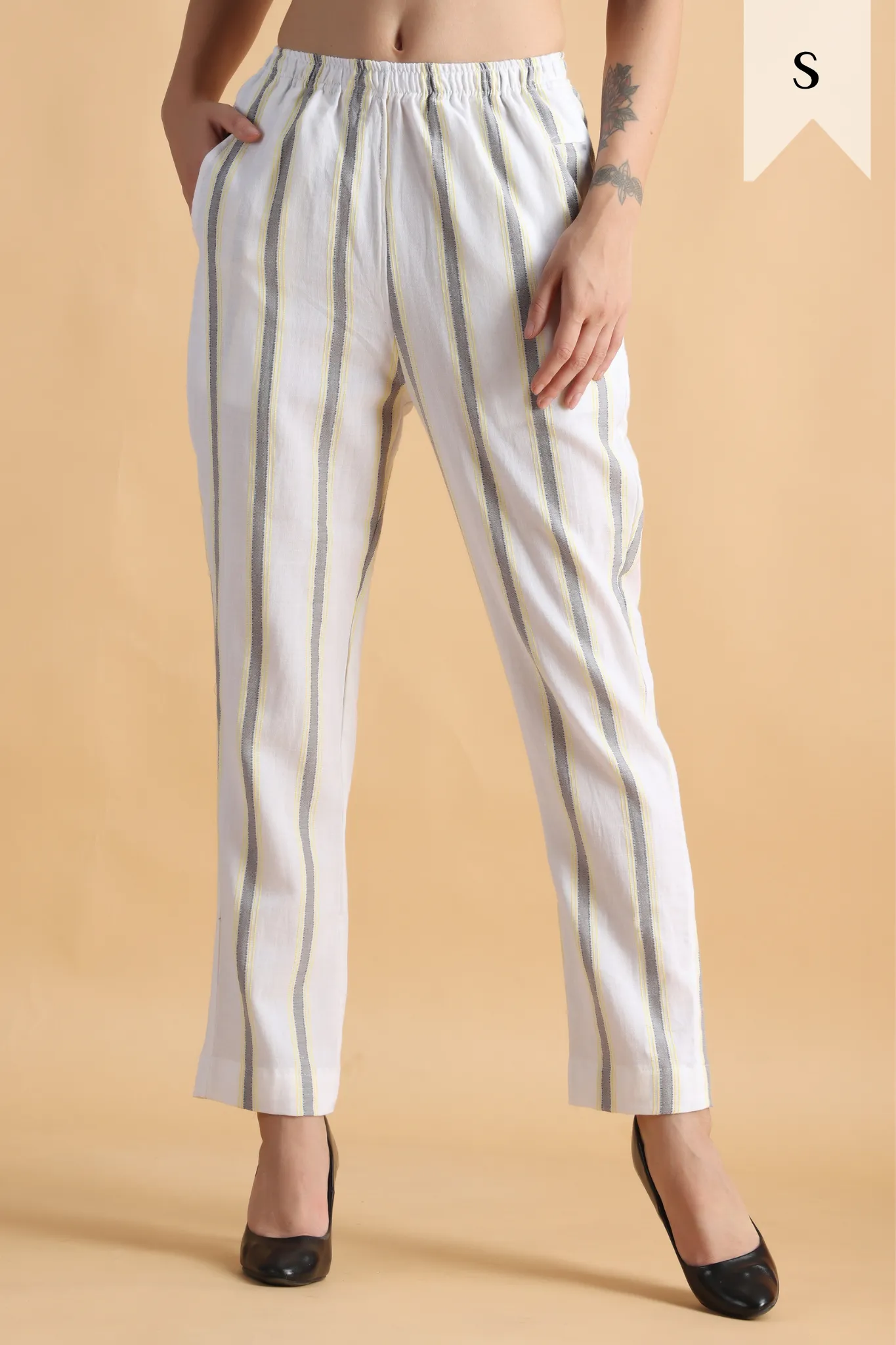 Pristine White Striped Cotton Pants