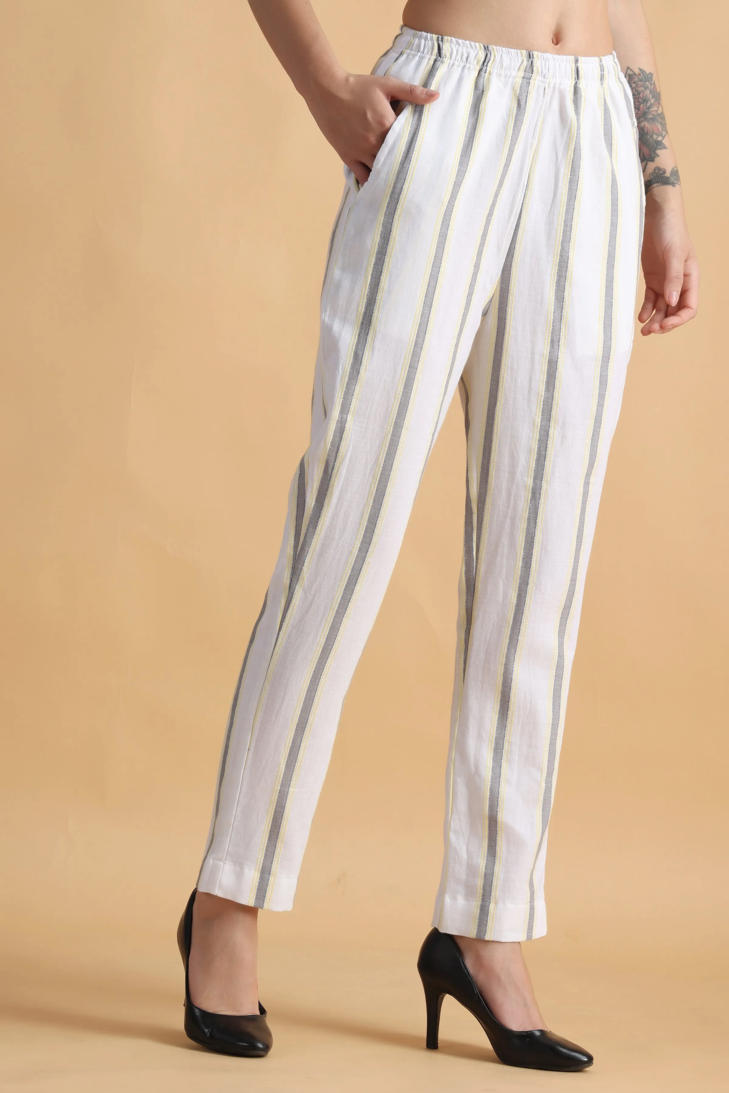Pristine White Striped Cotton Pants