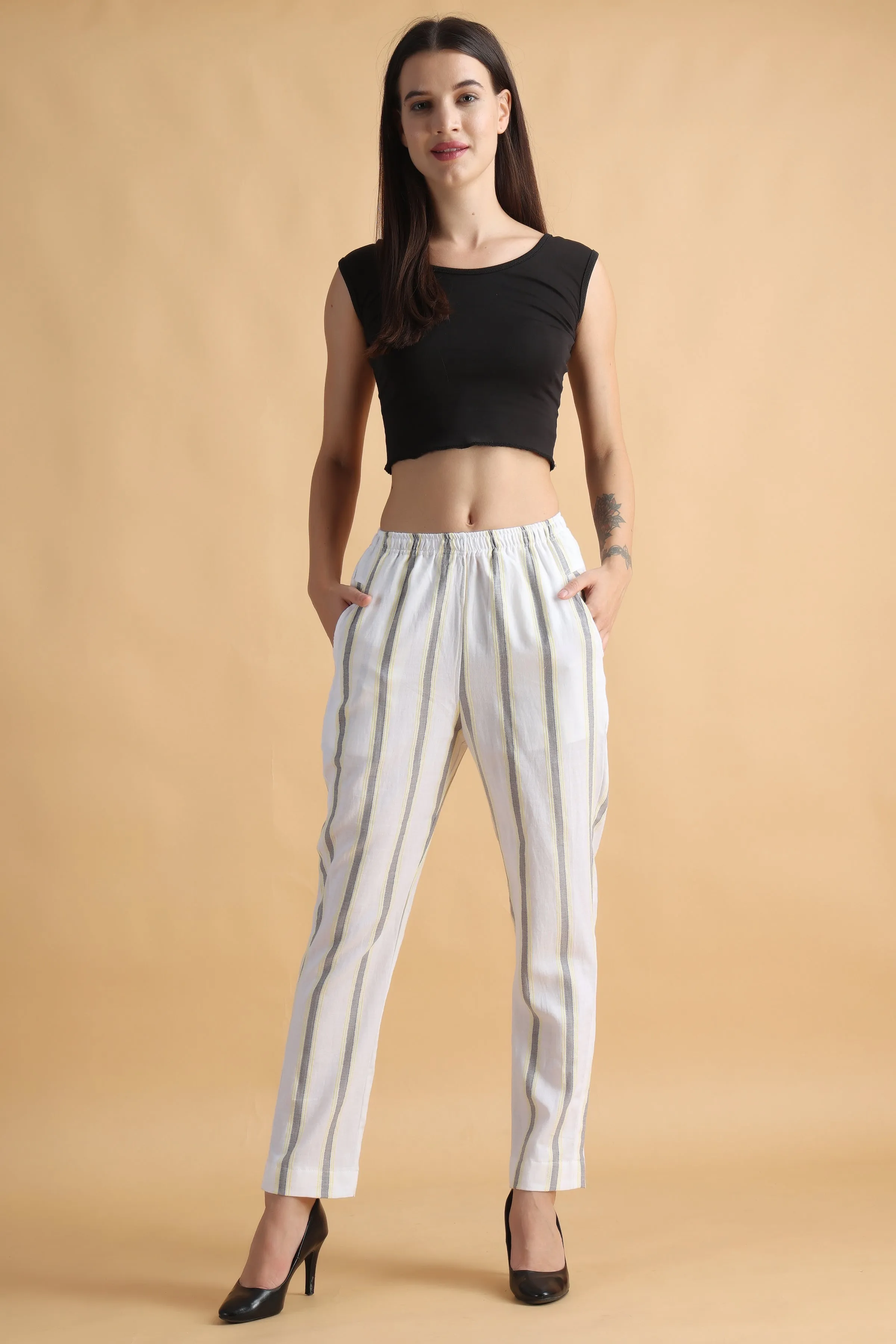 Pristine White Striped Cotton Pants