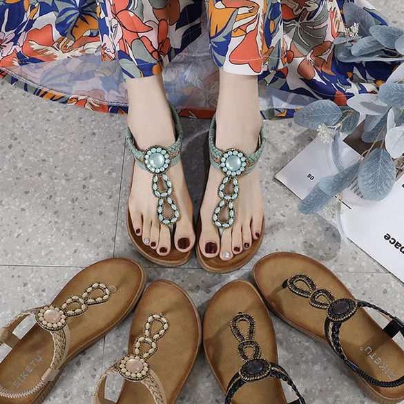 vanccy  Sandals Bohemian Rhinestone Comfortable  Holiday Shoes BS05