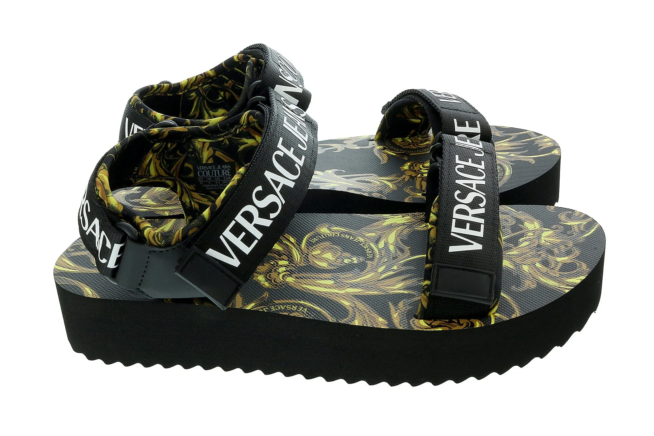 Versace Jeans Couture Black/Gold Baroque Trek Beach Sandals -