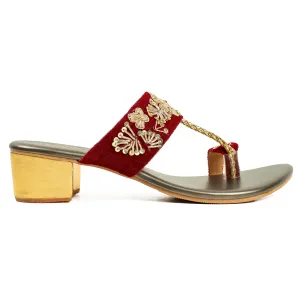 Vibrant Ladies Red & Gold Embroidered Mid-Heel Sandal – Elegant & Comfortable Block Heel