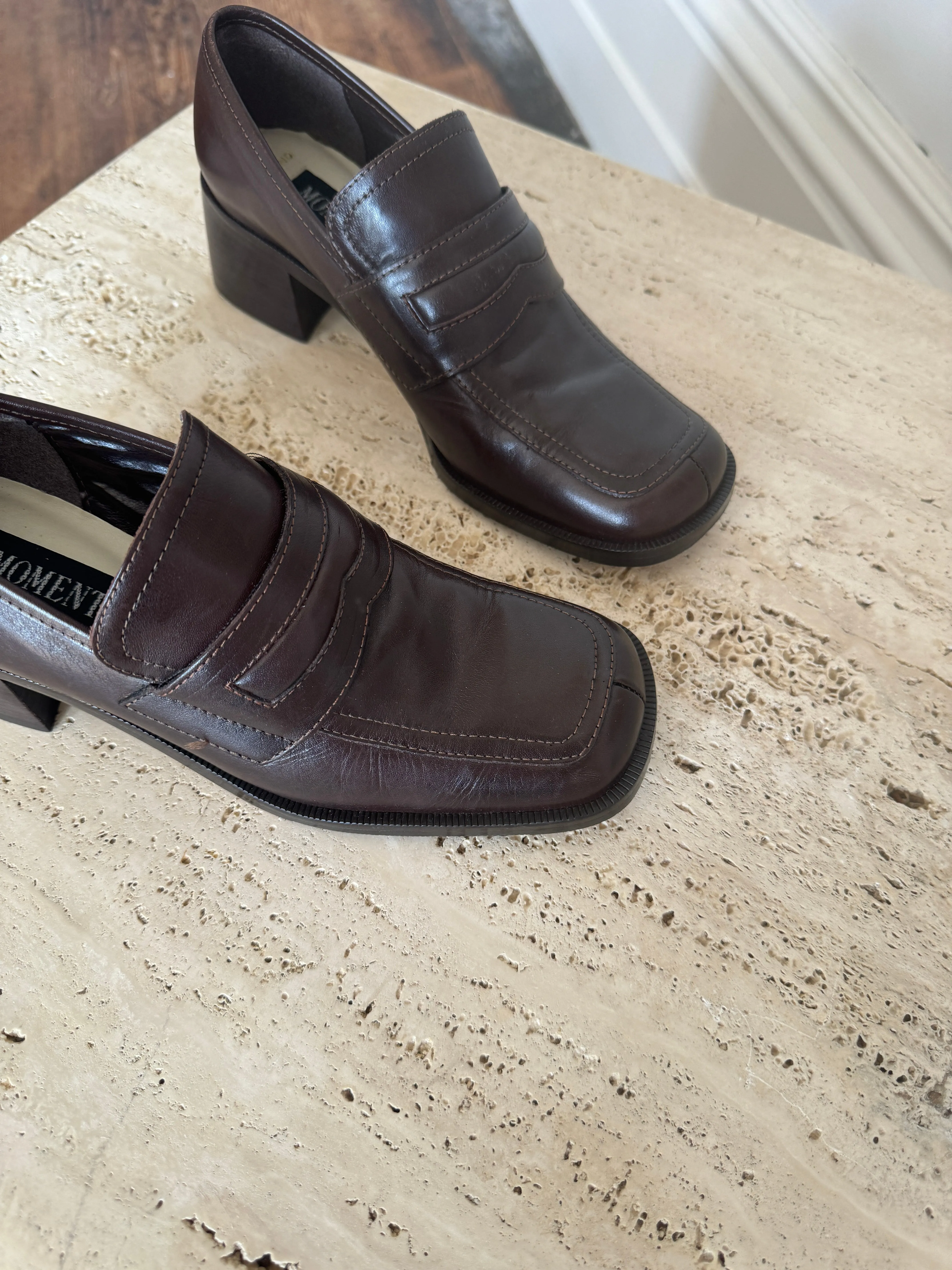 Vintage 90s Leather Heeled Loafers Brown