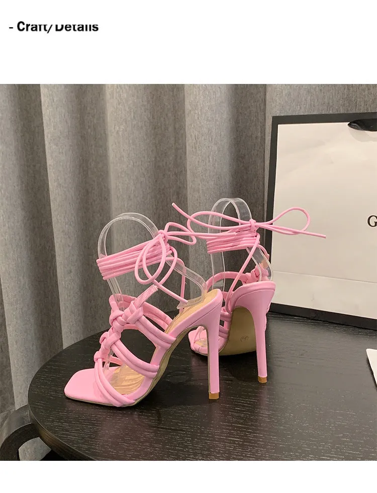 Water Diamond Cutout Crisscross Strappy High Heel Roman Sandals