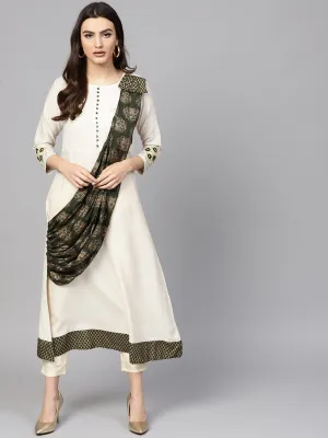 Women Off-White & Green A-Line Kurta