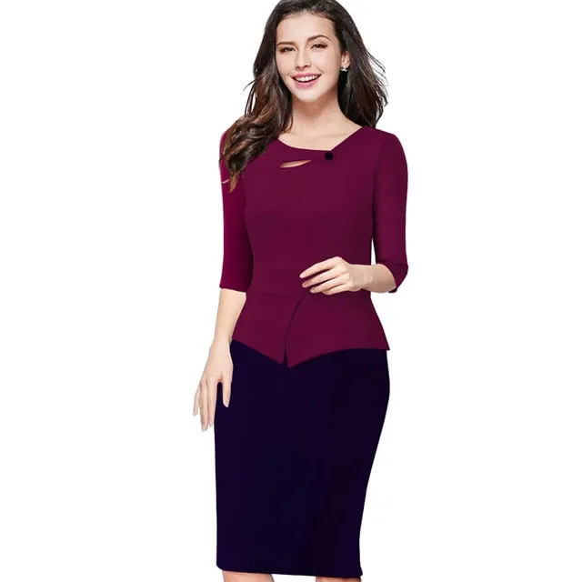 Women's Autumn Patchwork Button Back Zip Three Quarter Dress