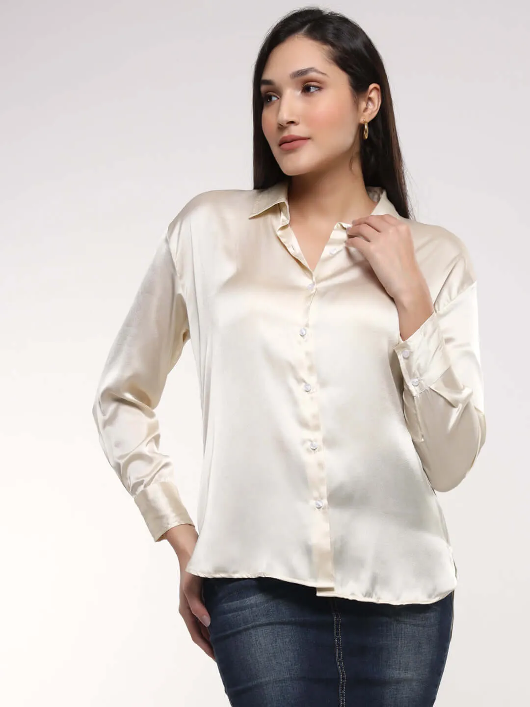 Women'S Premium Off White Drop Shoulder Oversized Summer Satin Shirt