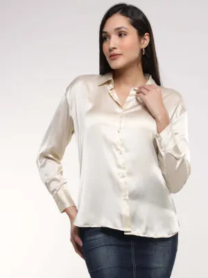 Women'S Premium Off White Drop Shoulder Oversized Summer Satin Shirt