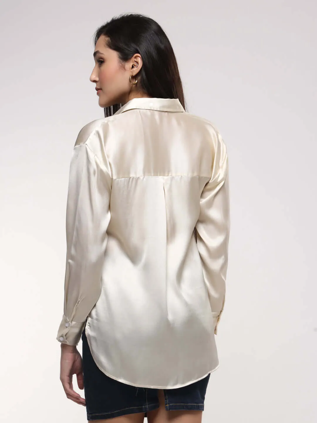 Women'S Premium Off White Drop Shoulder Oversized Summer Satin Shirt