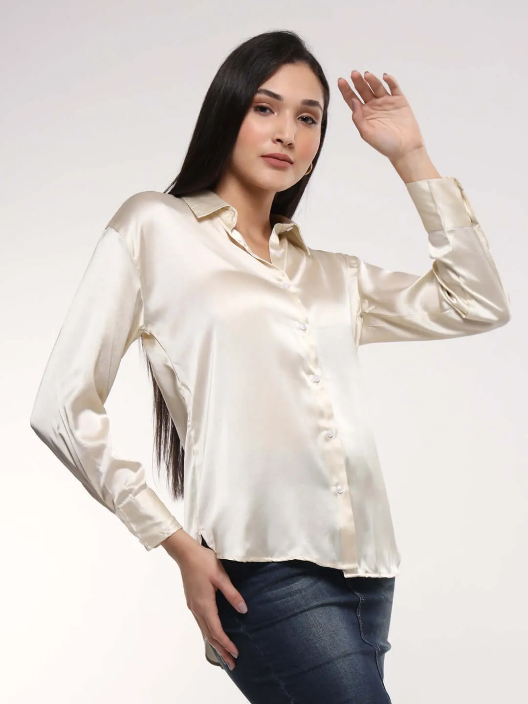 Women'S Premium Off White Drop Shoulder Oversized Summer Satin Shirt